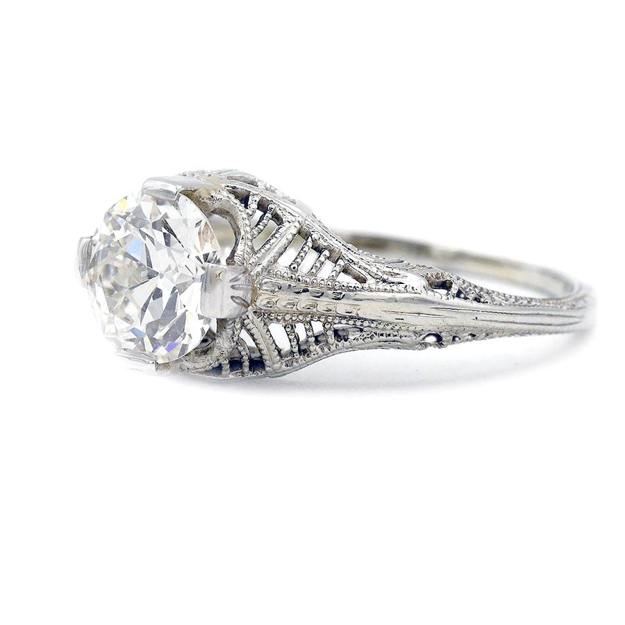 Art Deco 1.32 CT Old European Cut Diamond Solitaire Engagement Ring in 18K White Gold | Circa 1920s GIA J/SI2