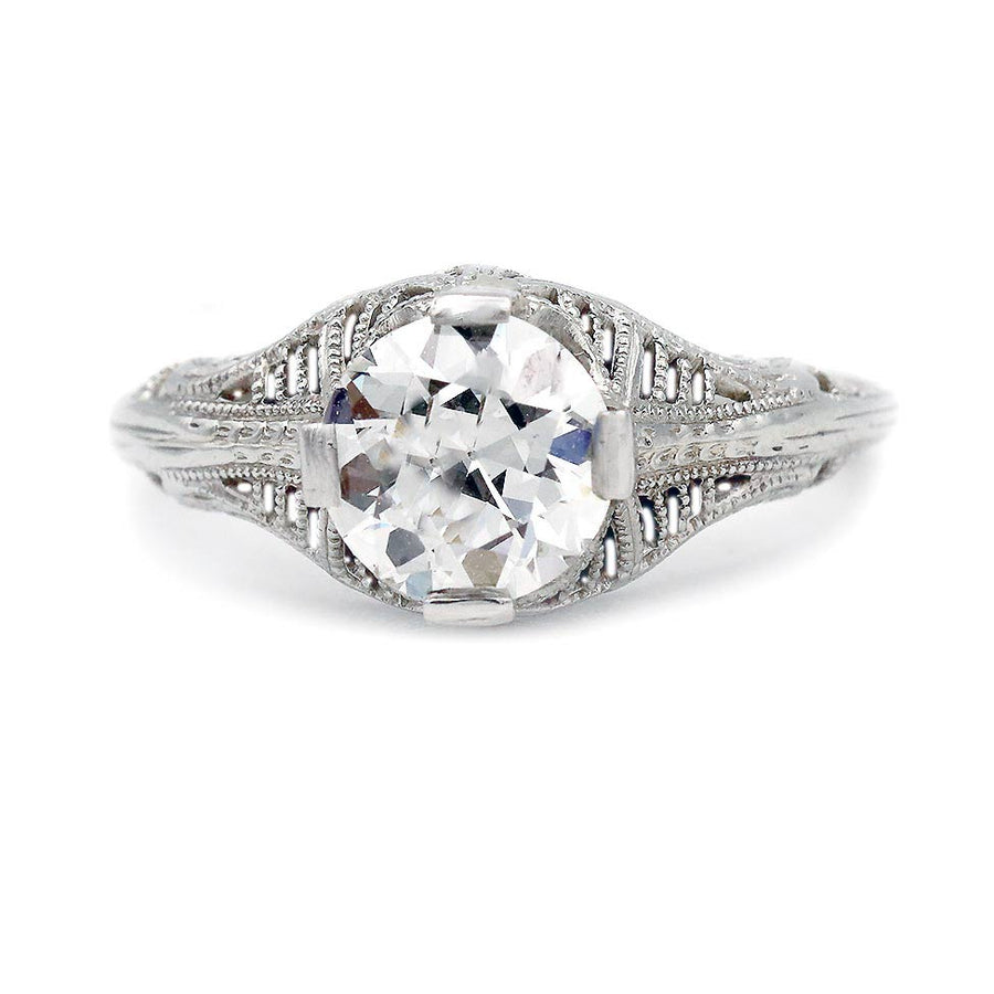 Art Deco 1.32 CT Old European Cut Diamond Solitaire Engagement Ring in 18K White Gold | Circa 1920s GIA J/SI2