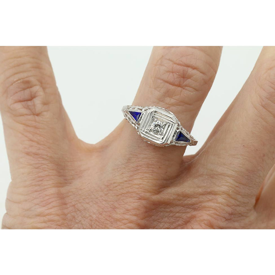 Art Deco .25 CTW Euro Cut Diamond Kite Sapphire Antique Engagement Ring