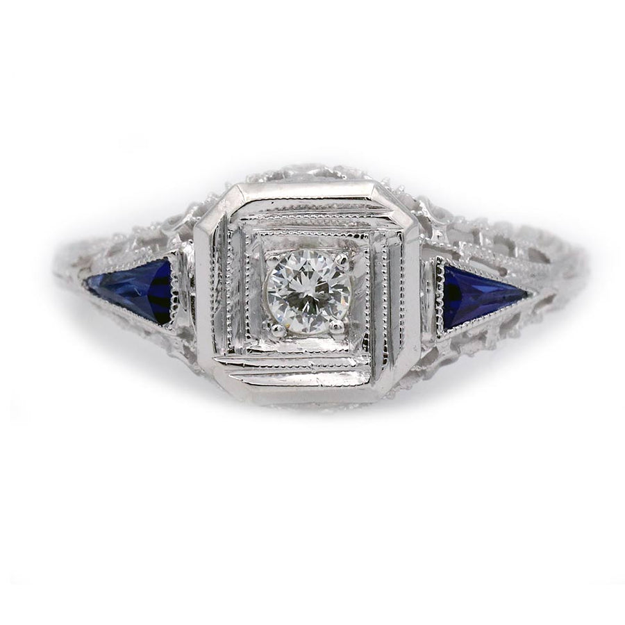 Art Deco .25 CTW Euro Cut Diamond Kite Sapphire Antique Engagement Ring
