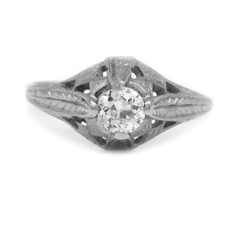 Art Deco .35 CT Old European Cut Diamond Filigree Solitaire Engagement Ring