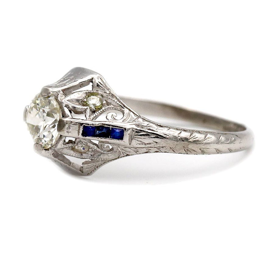 Vintage 1.02 CTW European Cut Diamond & Sapphire Art Deco Engagement Ring - Vintage Diamond Ring