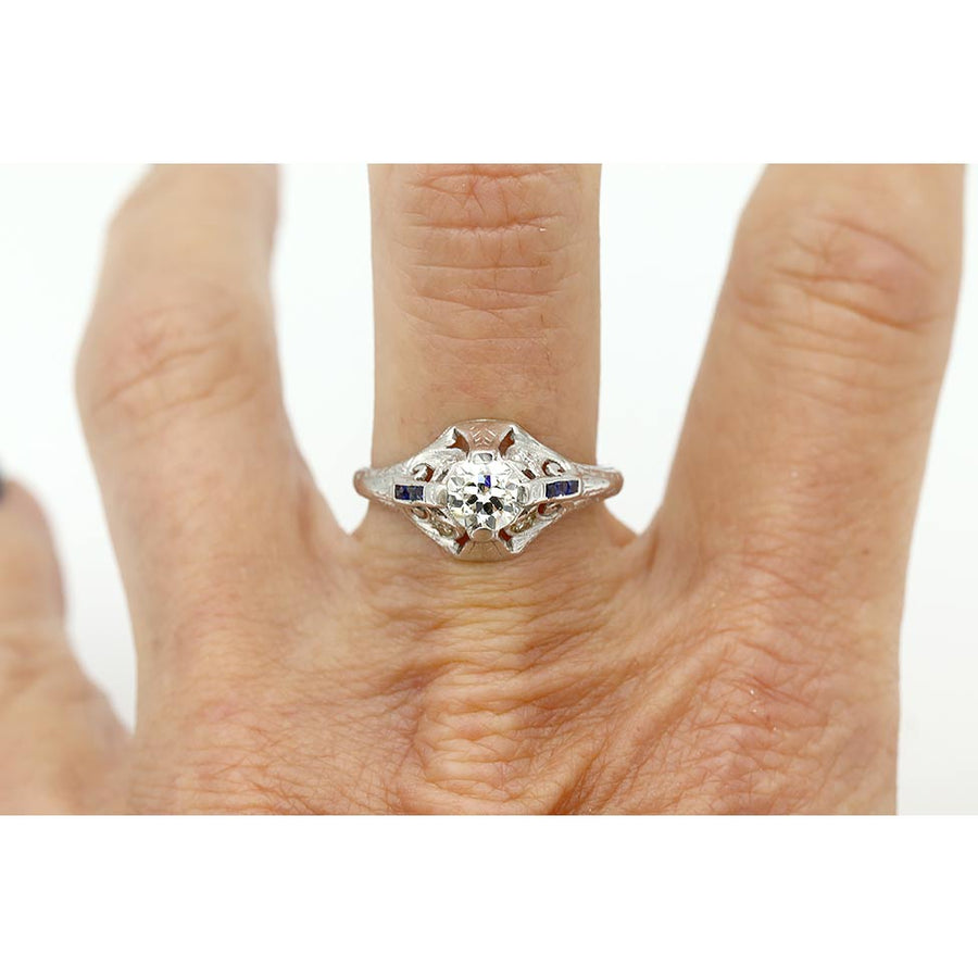 Vintage 1.02 CTW European Cut Diamond & Sapphire Art Deco Engagement Ring - Vintage Diamond Ring
