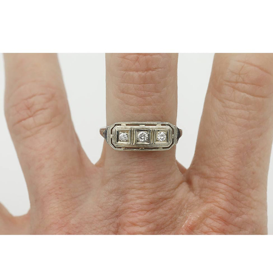 Art Deco .30 CTW Three Stone Diamond Sapphire Vintage Engagement Ring