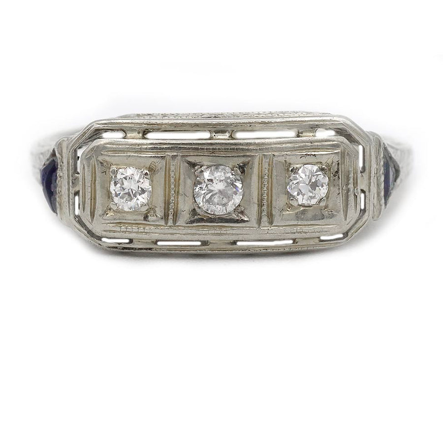 Art Deco .30 CTW Three Stone Diamond Sapphire Vintage Engagement Ring