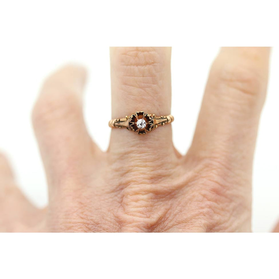 Victorian Old Mine Cut Diamond Engagement Ring | .08 CT 10K Rose Gold Antique Ring Circa 1900s
