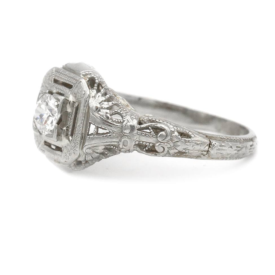 Art Deco .20ct Old European Cut Diamond Engagement Ring | G SI1 14k White Gold Square Milgrain