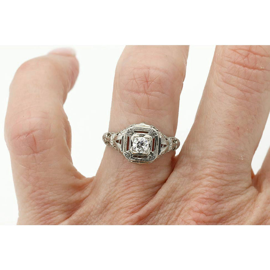 Art Deco .20ct Old European Cut Diamond Engagement Ring | G SI1 14k White Gold Square Milgrain