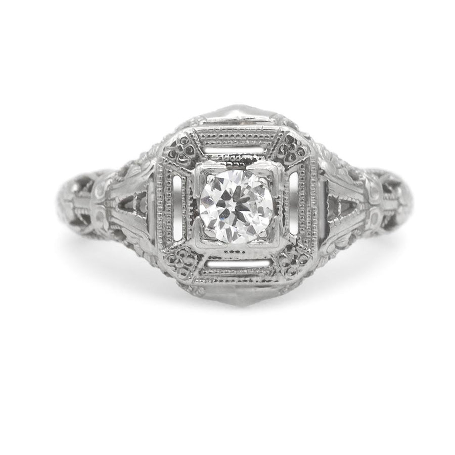 Art Deco .20ct Old European Cut Diamond Engagement Ring | G SI1 14k White Gold Square Milgrain