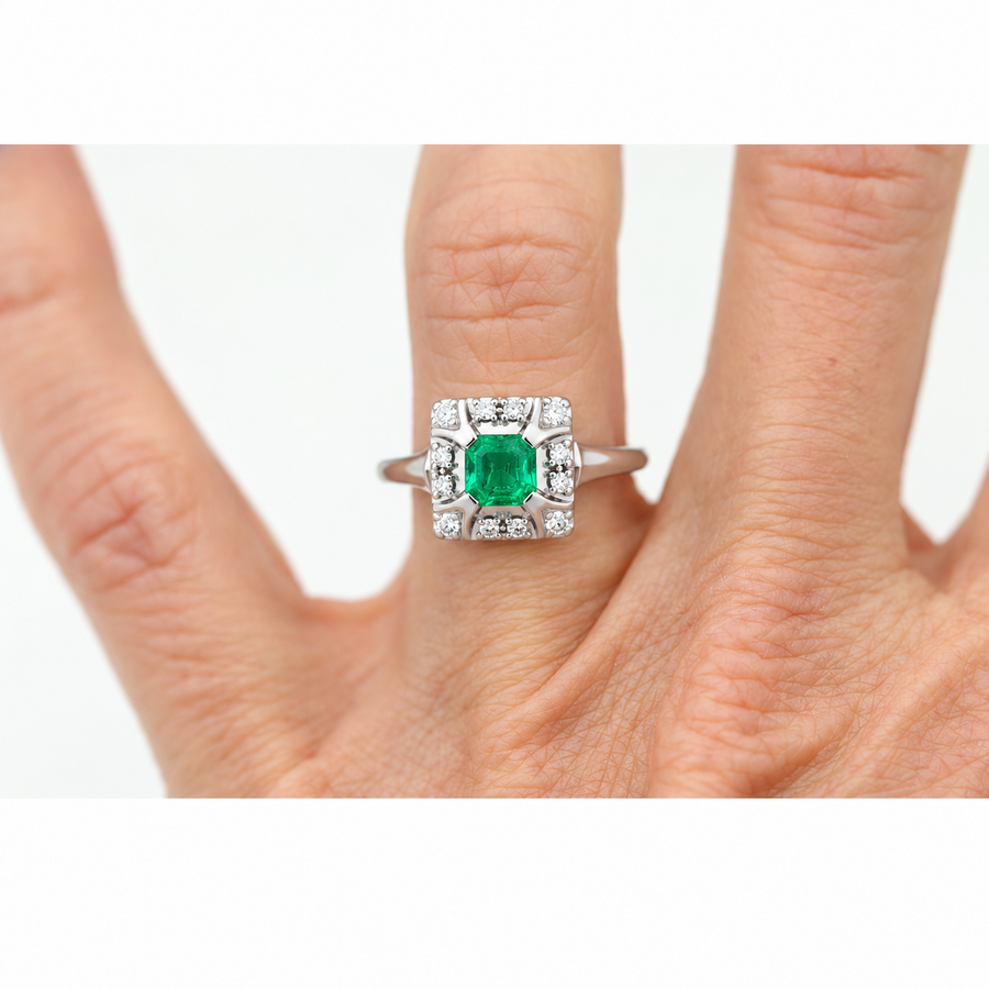 Vintage .50 Ct Colombian Emerald & Diamond Halo Engagement Ring in Platinum