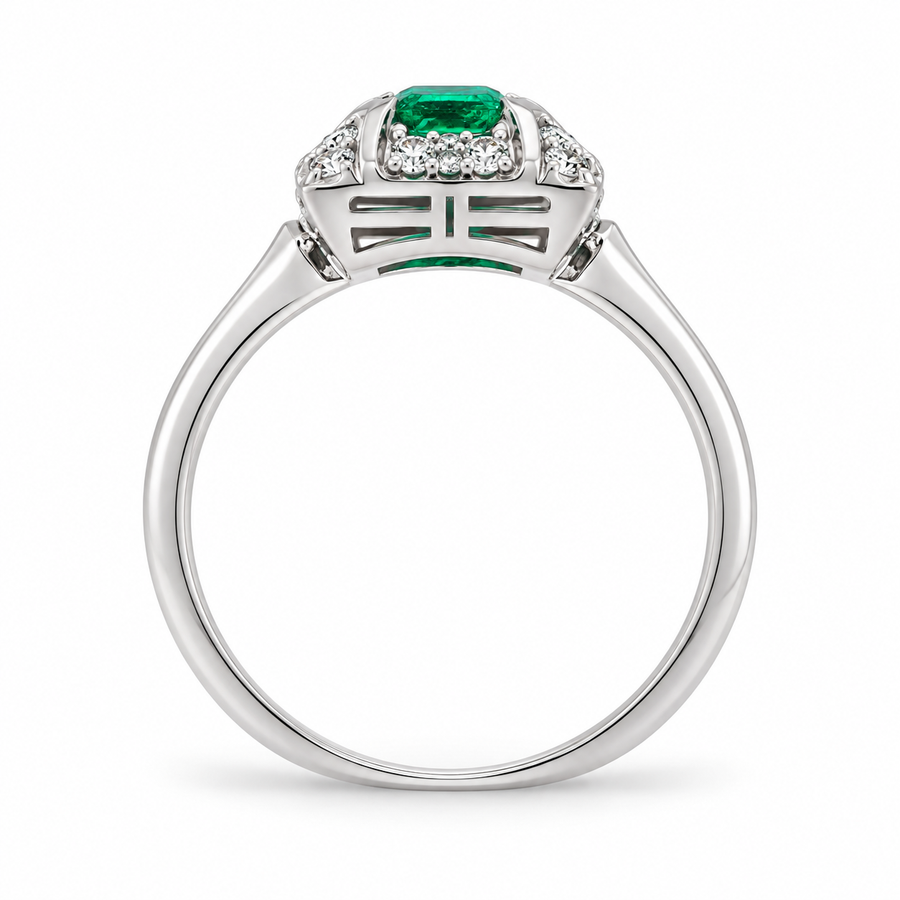 Vintage .50 Ct Colombian Emerald & Diamond Halo Engagement Ring in Platinum