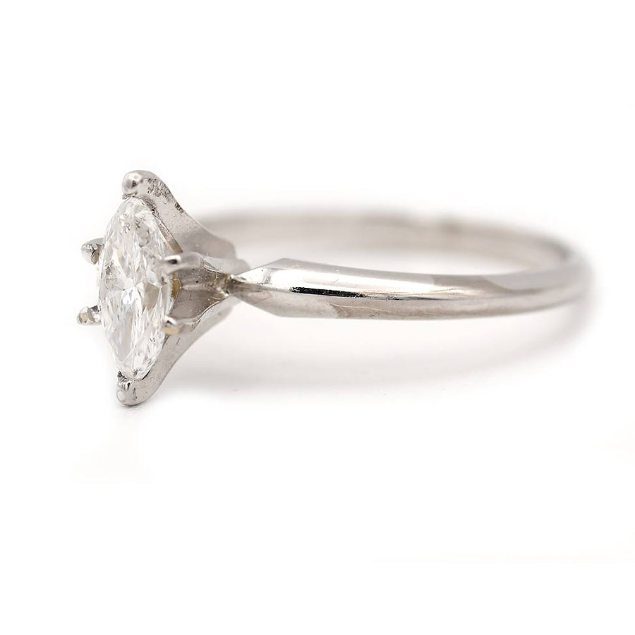 Mid-Century Marquise Cut Diamond Solitaire Engagement Ring .61 Ct GIA D/SI1 in 14K White Gold