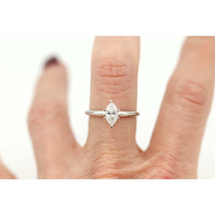 Mid-Century Marquise Cut Diamond Solitaire Engagement Ring .61 Ct GIA D/SI1 in 14K White Gold