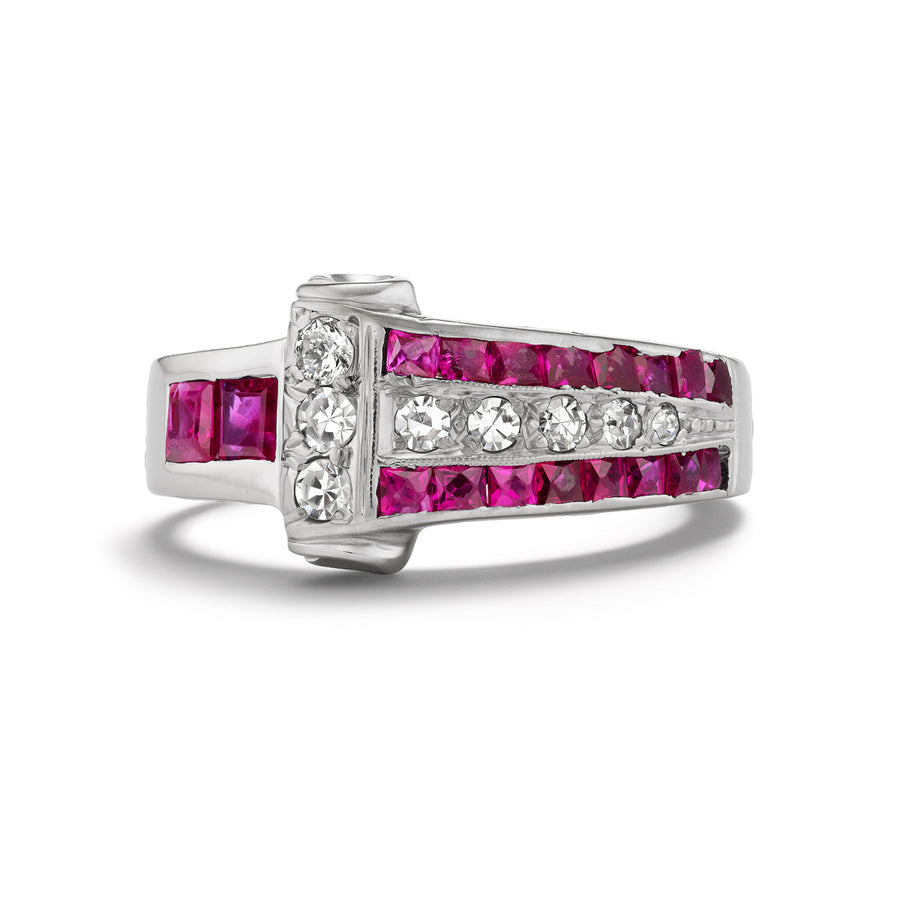 Art Deco Burma Ruby and Diamond Engagement Ring in Platinum — .75 CTW