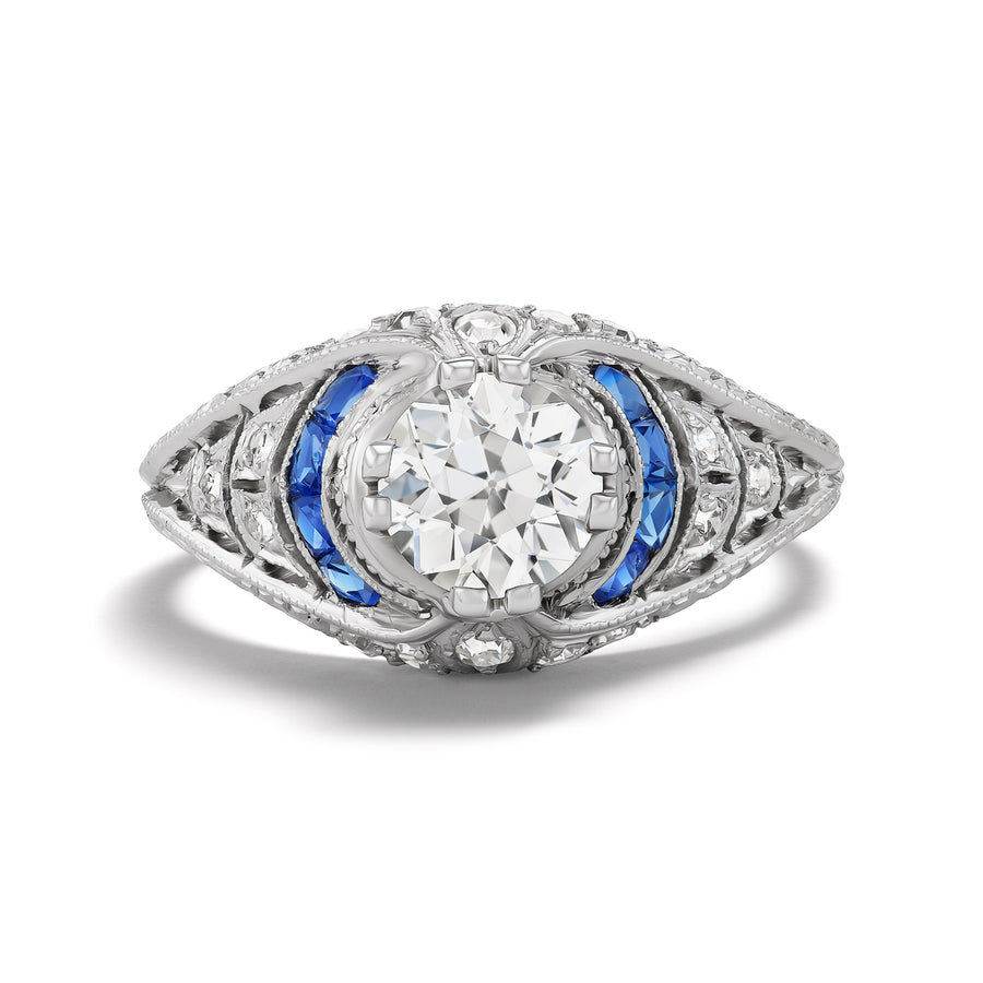 Art Deco .88 Ct Old European Cut Diamond & Sapphire Engagement Ring | GIA J/SI2