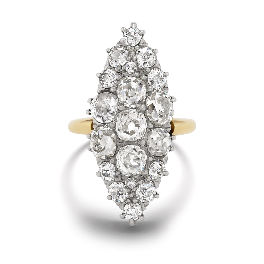 Victorian 2.20 CTW Old Mine Cut Diamond Navette Dinner Ring in Two-Tone Gold