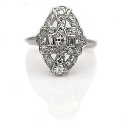 Art Deco Bezel Set Navette Diamond Engagement Ring
