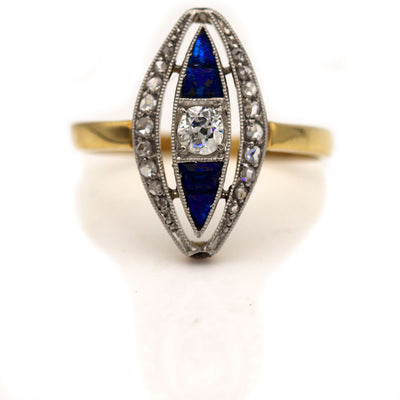 Art Nouveau Diamond & Sapphire Engagement Ring - Vintage Diamond Ring