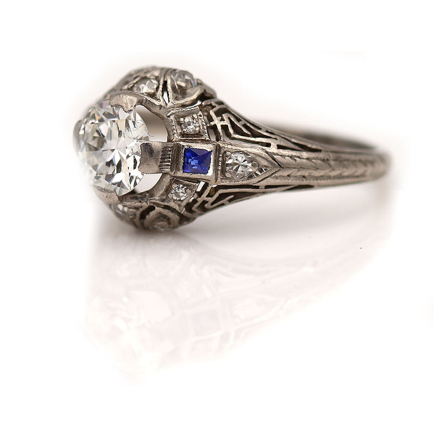 Vintage Engagement Ring with Square Cut Sapphires - Vintage Diamond Ring