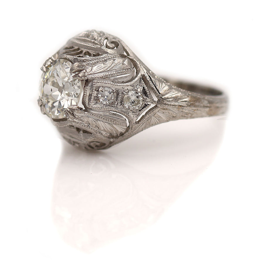 Art Deco .98 CTW Hand Crafted Old European Cut Diamond Vintage Engagement Ring GIA J/SI2