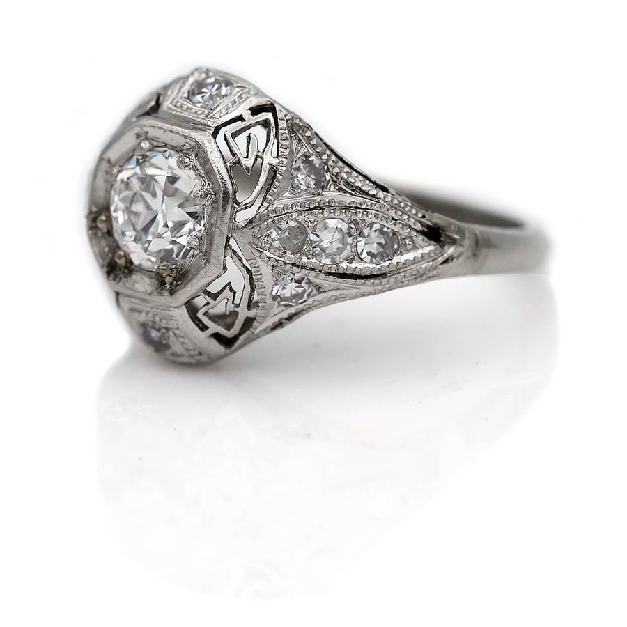 Art Deco 1.13 CTW Old European Cut Diamond Platinum Filigree Engagement Ring GIA G/SI1