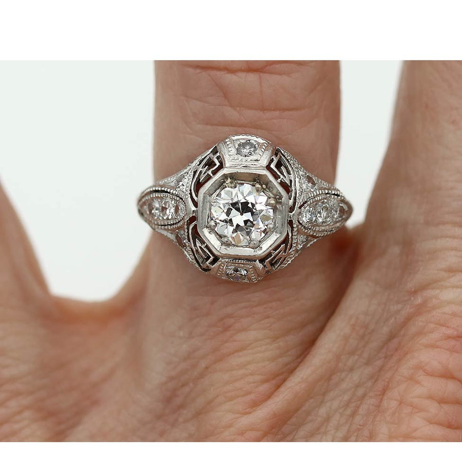Art Deco 1.13 CTW Old European Cut Diamond Platinum Filigree Engagement Ring GIA G/SI1