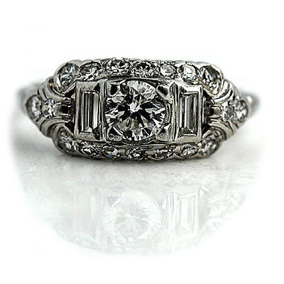 Vintage Rectangular Diamond Engagement Ring with Baguettes