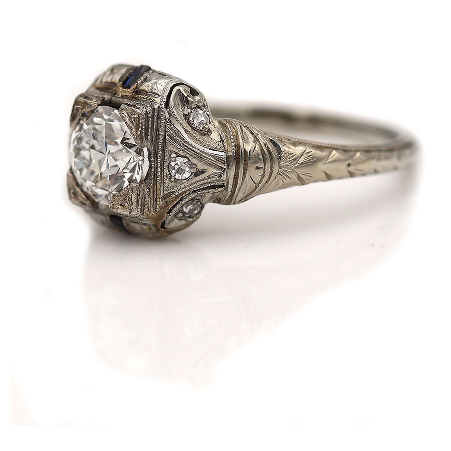 Art Deco 1.19 CTW Old European Cut Diamond Antique Engagement Ring Sapphires GIA K/VS2