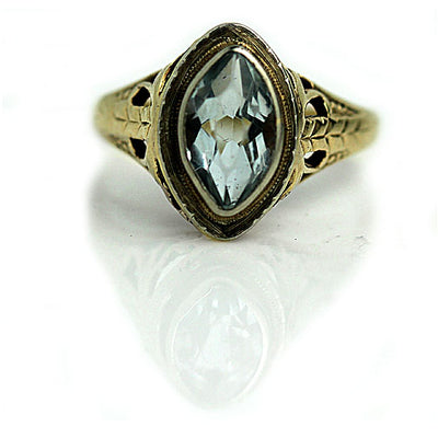 Bezel Set Navette Aquamarine Engagement Ring - Vintage Diamond Ring