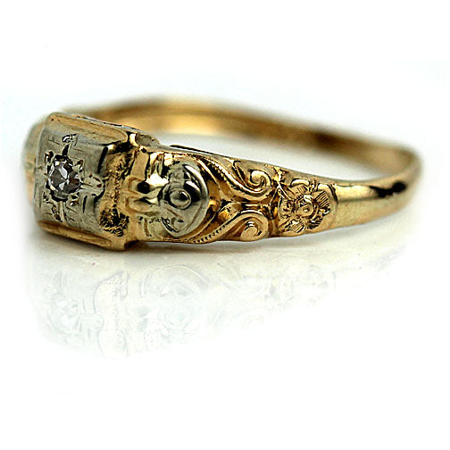 1Mid-Century .05 CTW 14K Two Tone Gold Petite Antique Diamond Engagement Ring