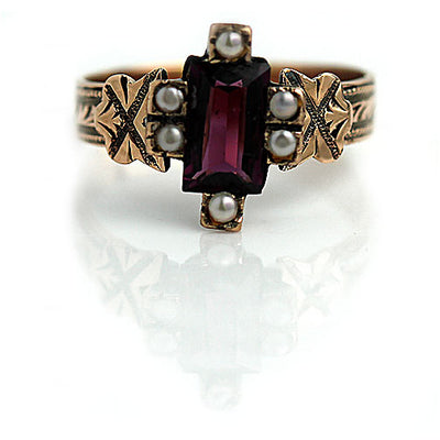 Victorian Rectangular Cut Purple Tourmaline & Pearl Engagement Ring