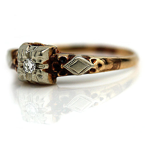 Mid-Century 14 Karat Two Tone Solitaire Antique Engagement Ring Filigree Engravings