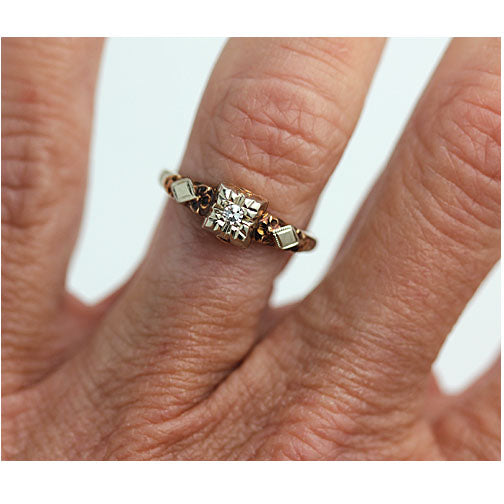 Mid-Century 14 Karat Two Tone Solitaire Antique Engagement Ring Filigree Engravings