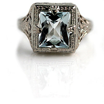 1.50 ct Square Cut Aquamarine Engagement Ring - Vintage Diamond Ring