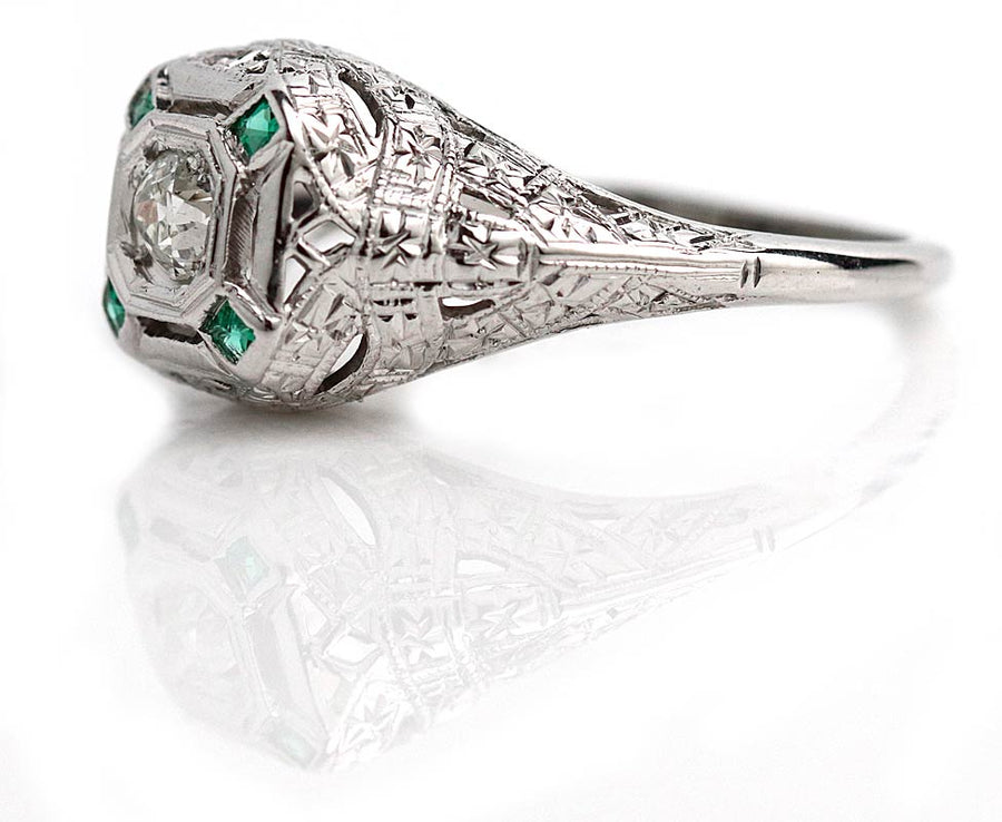 Antique Mine Cut Diamond & Emerald Engagement Ring - Vintage Diamond Ring
