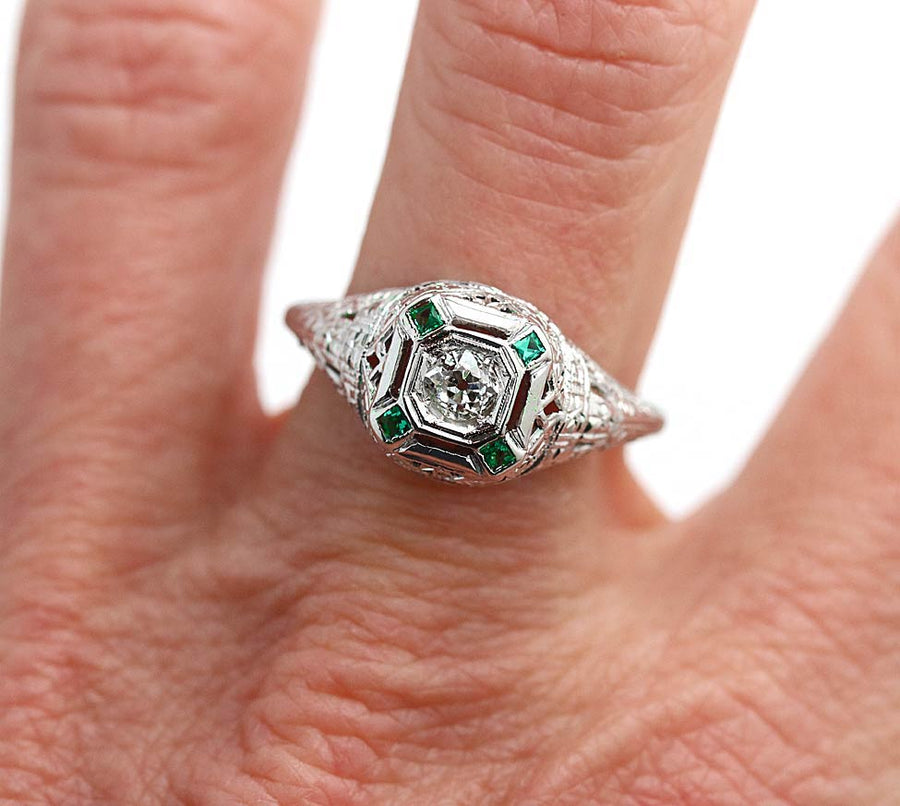 Antique Mine Cut Diamond & Emerald Engagement Ring - Vintage Diamond Ring
