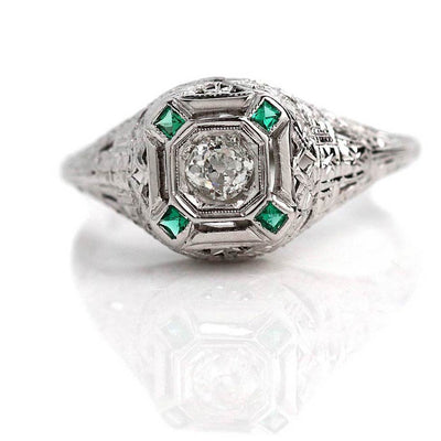 Antique Mine Cut Diamond & Emerald Engagement Ring - Vintage Diamond Ring