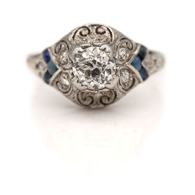 Vintage Diamond & Square Cut Sapphire Engagement Ring