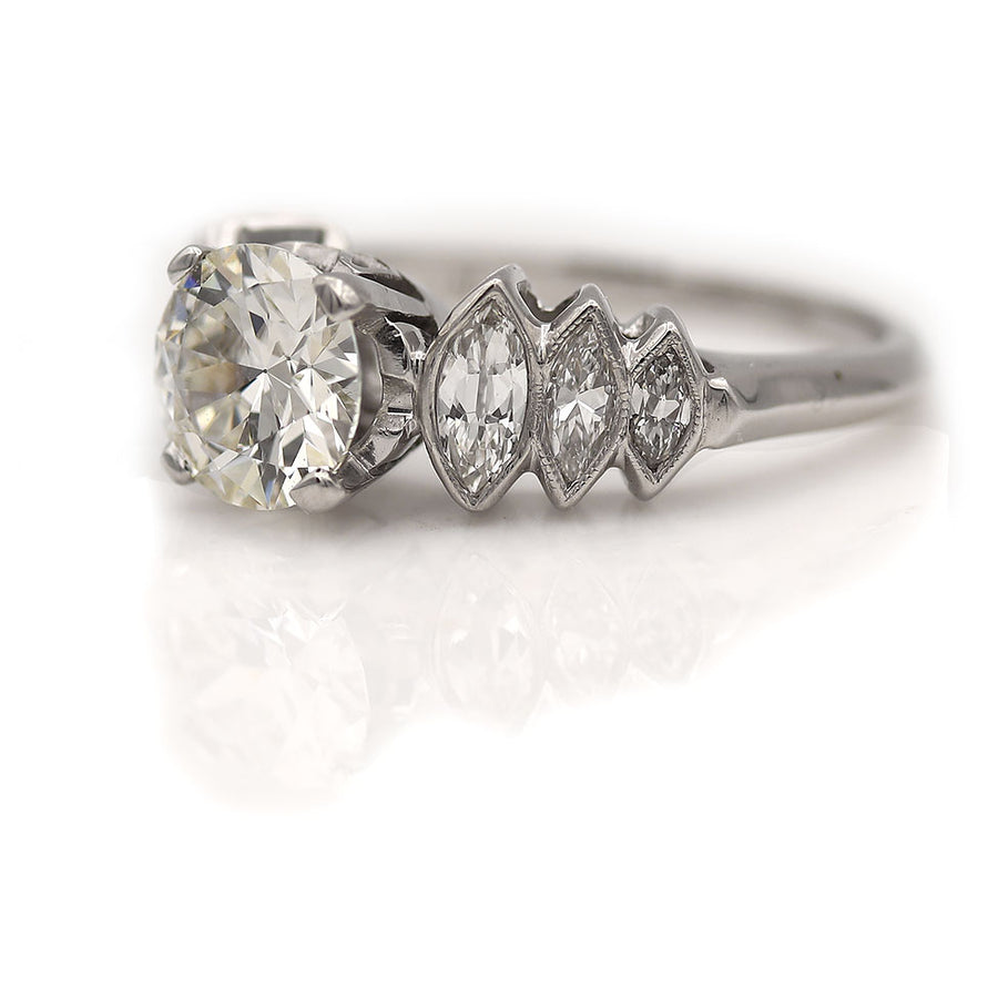 Art Deco 1.45 CTW Old European Cut Diamond Engagement Ring Navette Side Stones GIA F/SI2