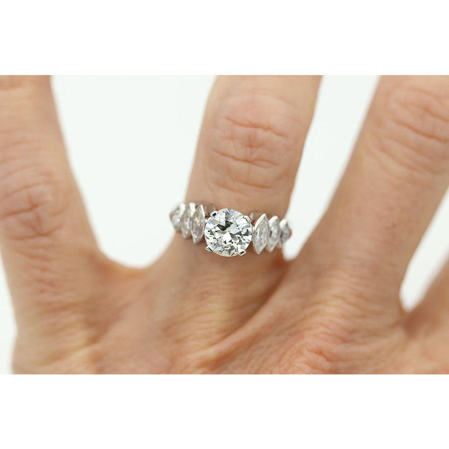 Art Deco 1.45 CTW Old European Cut Diamond Engagement Ring Navette Side Stones GIA F/SI2