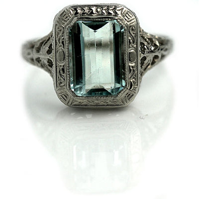Hand Engraved Aquamarine Halo Engagement Ring - Vintage Diamond Ring