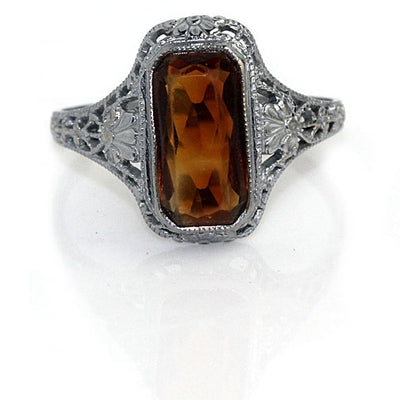 Vertical Citrine Engagement Ring - Vintage Diamond Ring