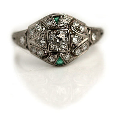 Art Deco Mine Cut Diamond & Emerald Engagement Ring