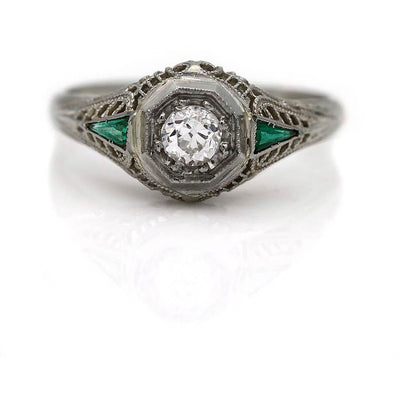 Art Deco Diamond Ring with Emerald Accents
