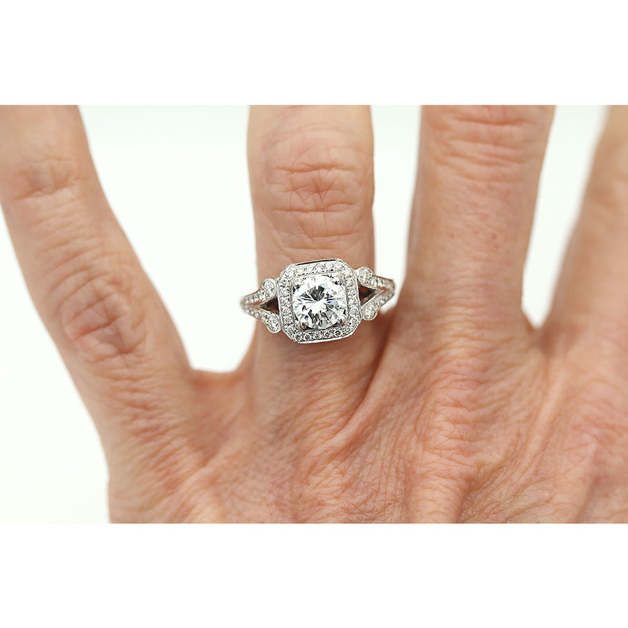Contemporary Round Diamond Halo Vintage Engagement Ring GIA 1.52 CTW D/I1