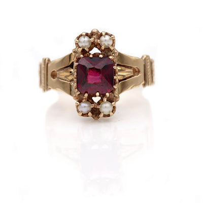 Square Garnet and Pearl Engagement Ring in Rose Gold