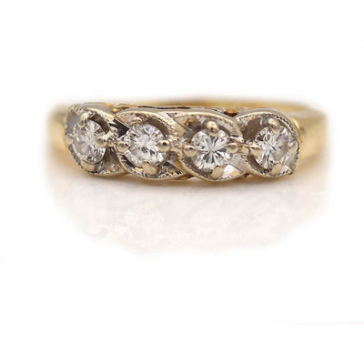 Wide Vintage Round Cut 14K Two Tone Diamond Wedding Ring