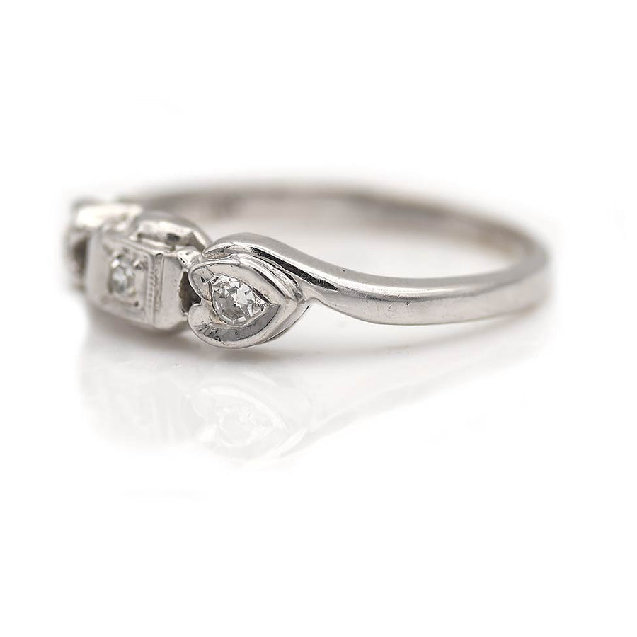 Vintage 3 Stone Diamond Wedding Ring with Heart Motif Size 5.5