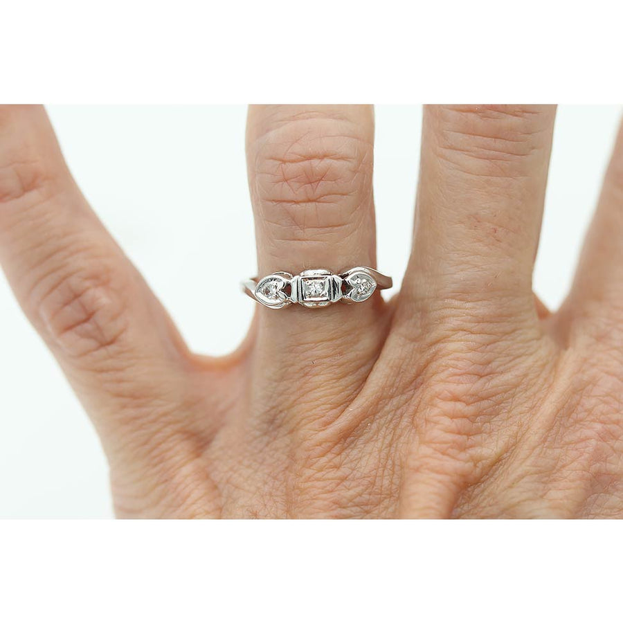 Vintage 3 Stone Diamond Wedding Ring with Heart Motif Size 5.5