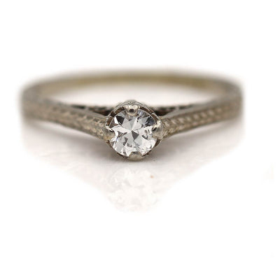 Delicate 1930s Solitiare Filigree Engagement Ring Old Euro 18K .25Ct F/SI2